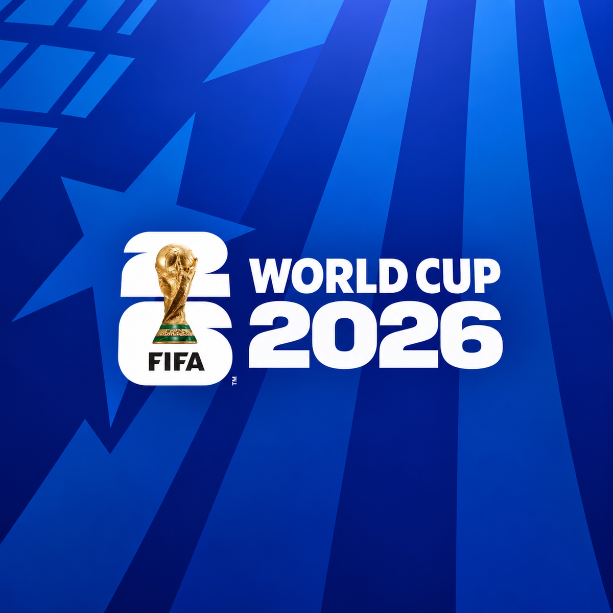 World Cup 2026 collection – white tournament emblem and gold trophy on a crisp blue background