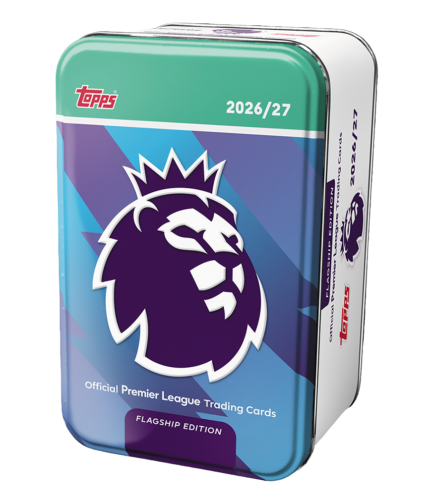 Jakes Breaks Ltd Topps Premier League 2026/27 metal trading card collector tin with vibrant blue and purple design.
