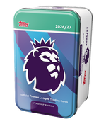 Jakes Breaks Ltd Topps Premier League 2026/27 metal trading card collector tin with vibrant blue and purple design.