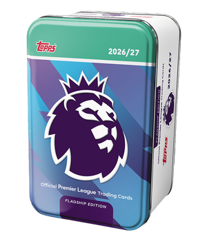 Jakes Breaks Ltd Topps Premier League 2026/27 metal trading card collector tin with vibrant blue and purple design.