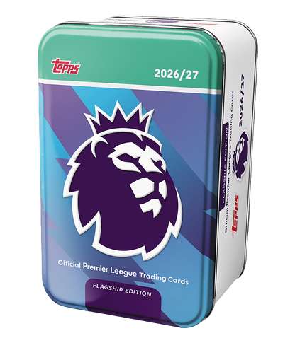 Jakes Breaks Ltd Topps Premier League 2026/27 metal trading card collector tin with vibrant blue and purple design.