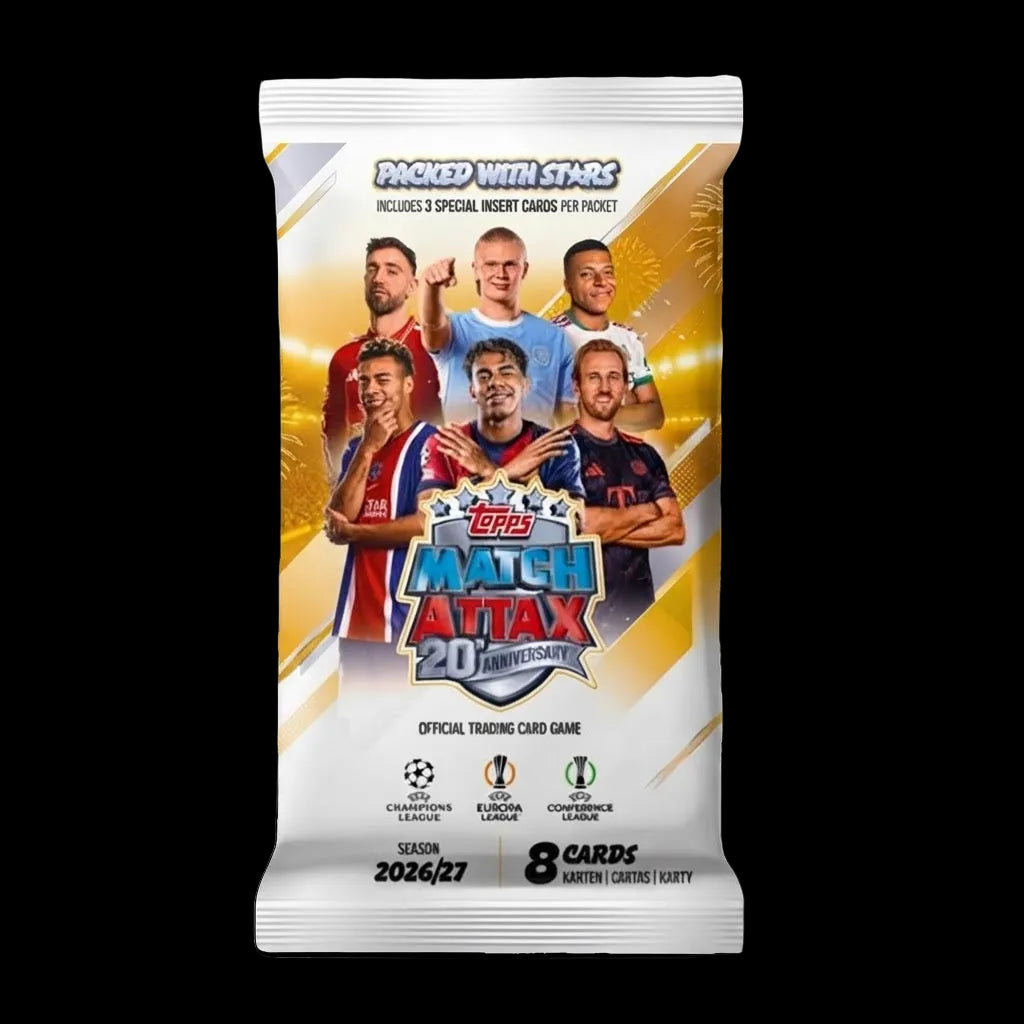 Topps Match Attax 2026/27 single sealed trading card packet on a solid black background